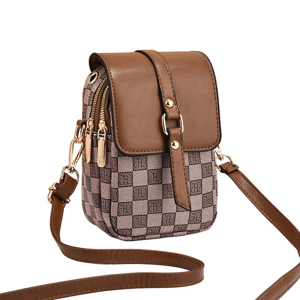 Faux PU Leather Mini Crossbody Phone Bag Headphone Port Multi Pocket Brown