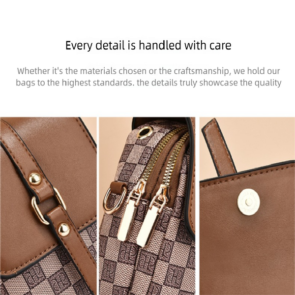 Faux PU Leather Mini Crossbody Phone Bag Headphone Port Multi Pocket Brown