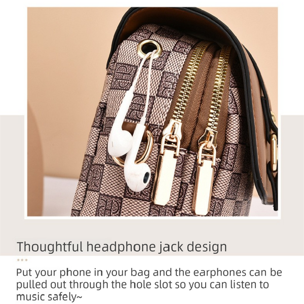 Faux PU Leather Mini Crossbody Phone Bag Headphone Port Multi Pocket Brown