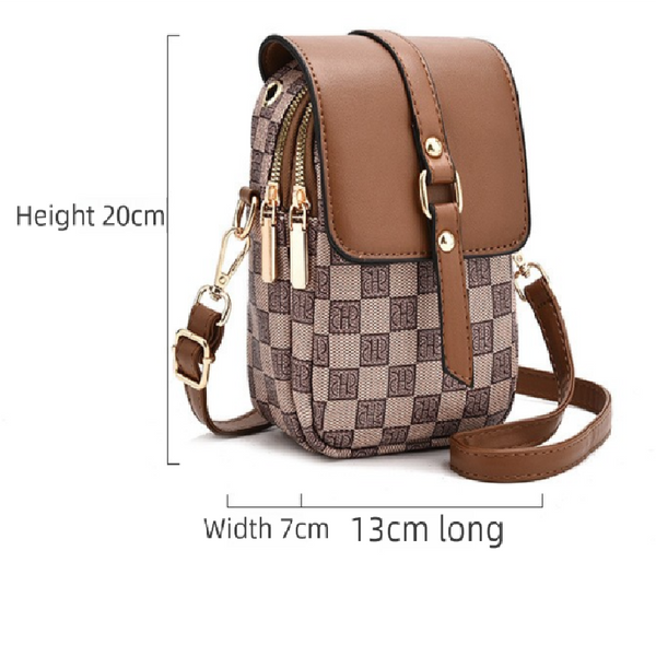 Faux PU Leather Mini Crossbody Phone Bag Headphone Port Multi Pocket Brown
