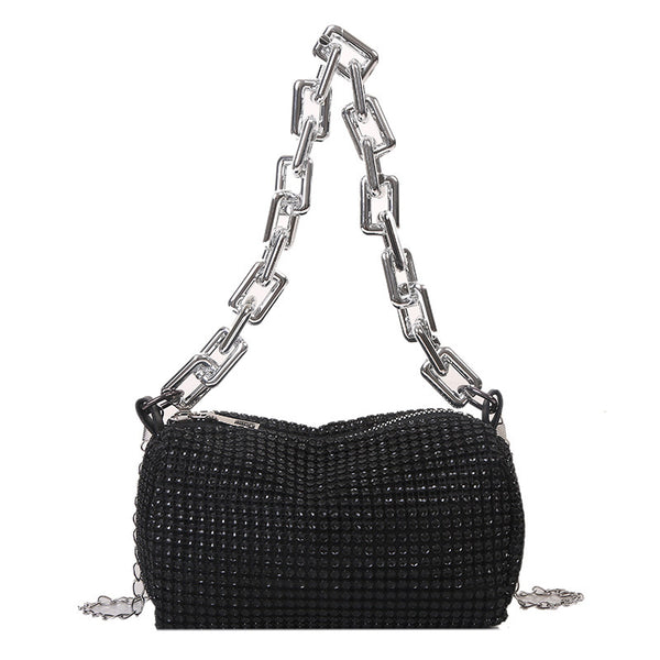 Crystal Rhinestone Mini Shoulder Bag Chain Design Top Handle Party Evening Black