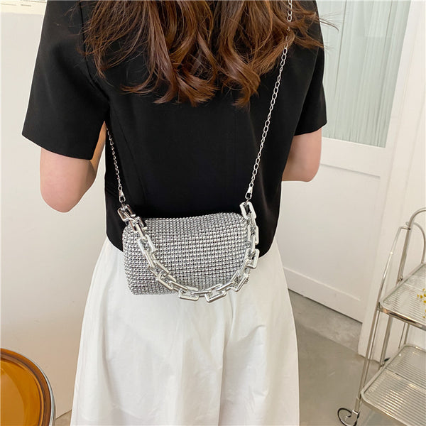 Crystal Rhinestone Mini Shoulder Bag Chain Design Top Handle Party Evening Black