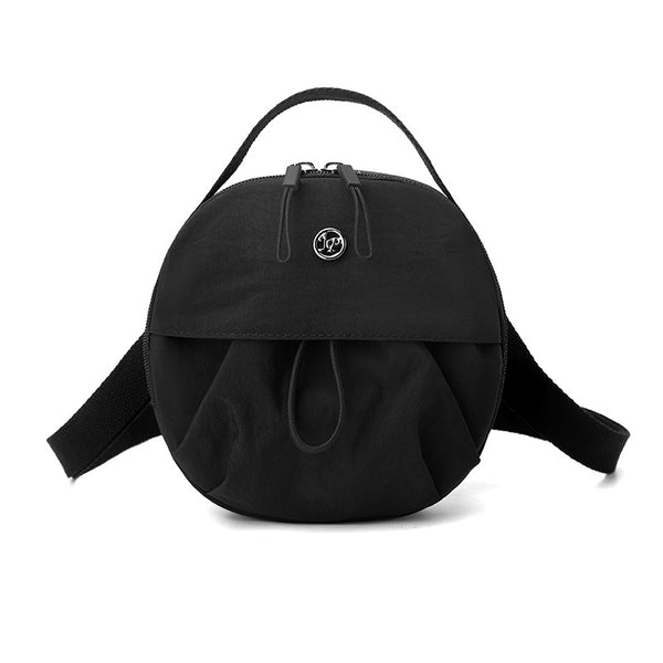 Nylon Water Resistant Round Crossbody Shoulder Bag Multi Pocket Design Black