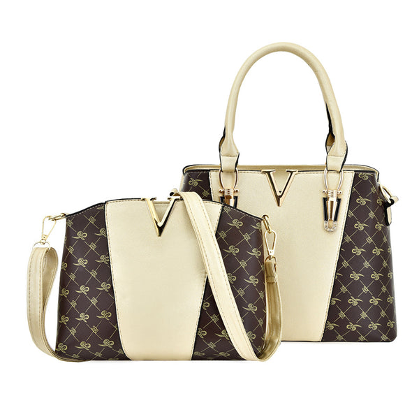 2 Pce Faux PU Leather Tote Crossbody Bag Handbag Set Brown Beige