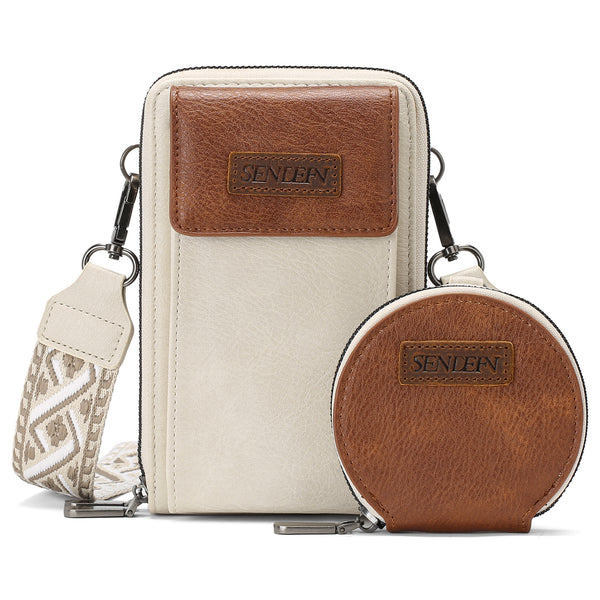 Faux PU Leather Crossbody Phone Bag Coin Pouch Adjustable Wide Strap Beige