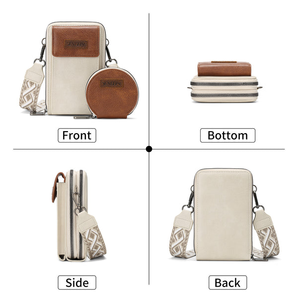 Faux PU Leather Crossbody Phone Bag Coin Pouch Adjustable Wide Strap Beige