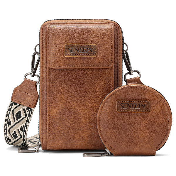 Faux PU Leather Crossbody Phone Bag Coin Pouch Adjustable Wide Strap Brown