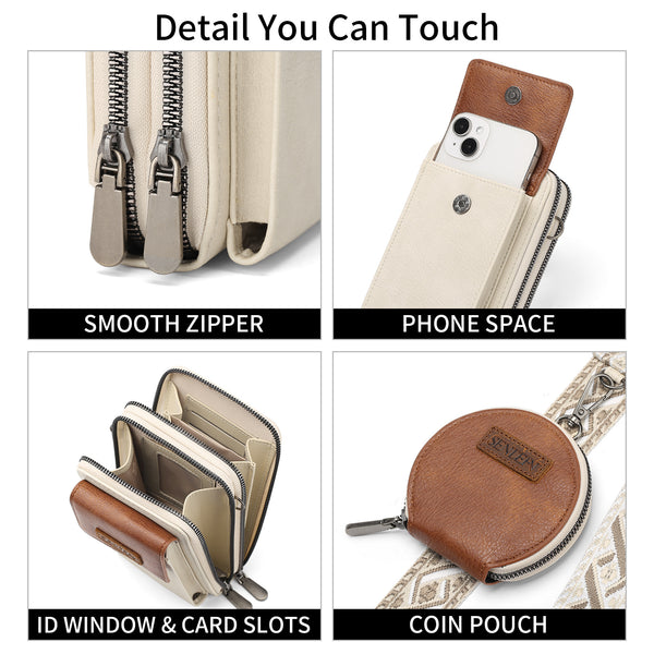 Faux PU Leather Crossbody Phone Bag Coin Pouch Adjustable Wide Strap Brown