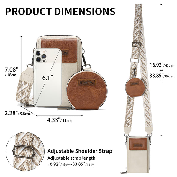 Faux PU Leather Crossbody Phone Bag Coin Pouch Adjustable Wide Strap Brown