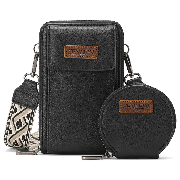 Faux PU Leather Crossbody Phone Bag Coin Pouch Adjustable Wide Strap Black