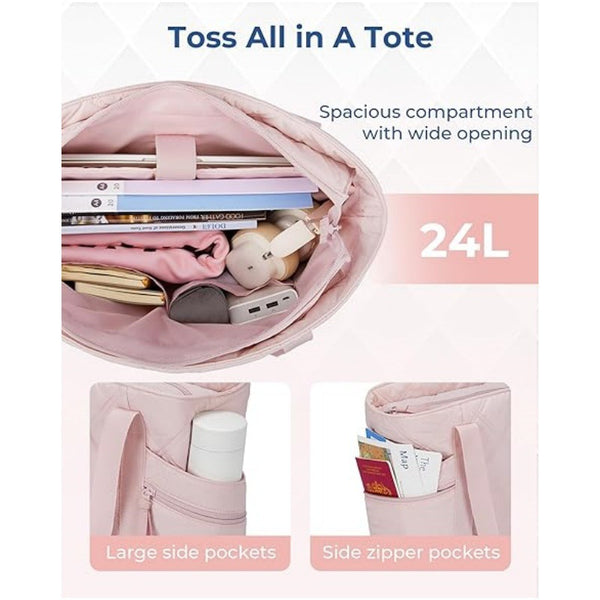 Nylon Quilted Puffer Tote Shoulder Bag Handbag Laptop Work Travel Gym 24L Beige