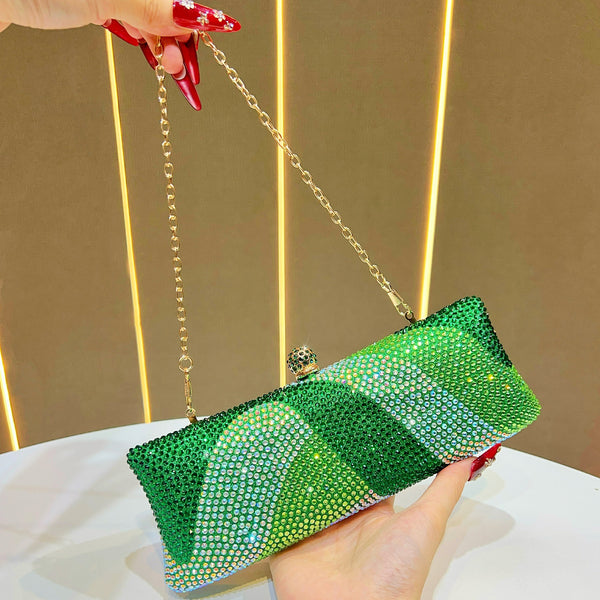 Rhinestone Crystal Evening Clutch Bag Purse Detachable Chain Wedding Party Green