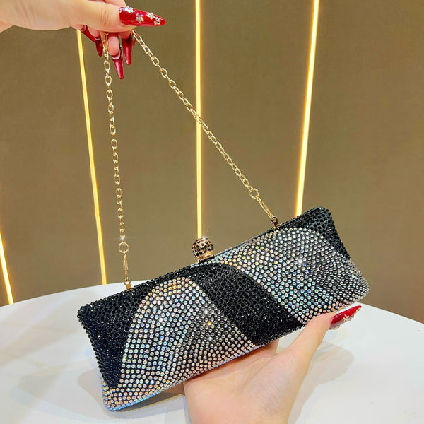 Rhinestone Crystal Evening Clutch Bag Purse Detachable Chain Wedding Party Black