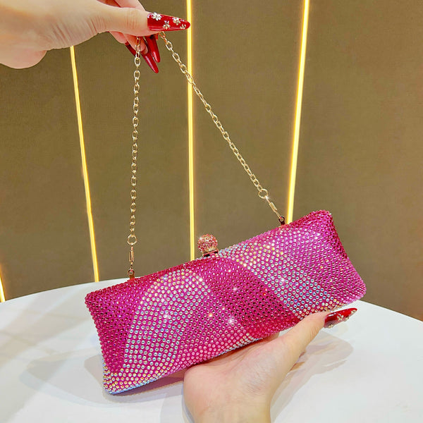 Rhinestone Crystal Evening Clutch Bag Purse Detachable Chain Wedding Party Rose Red
