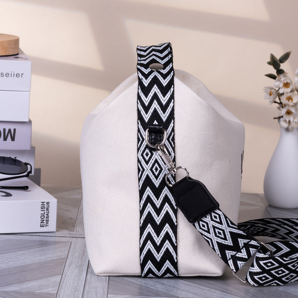 Canvas Crossbody Shoulder Womens Bag Handbag Wide Webbing Strap Beige