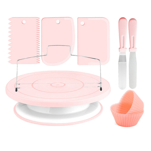 12 Pce Cake Decorating Turntable Rotating Stand Spatulas Cutter Baking Tools Pink