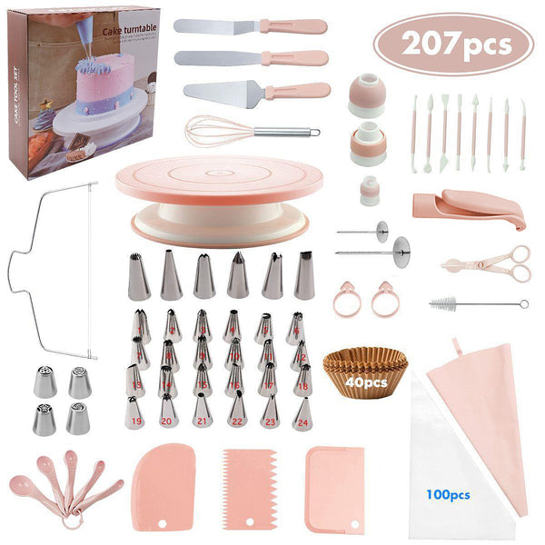207 Pce Complete Cake Decorating Revolving Turntable Icing Tips Spatulas Kit Set Pink