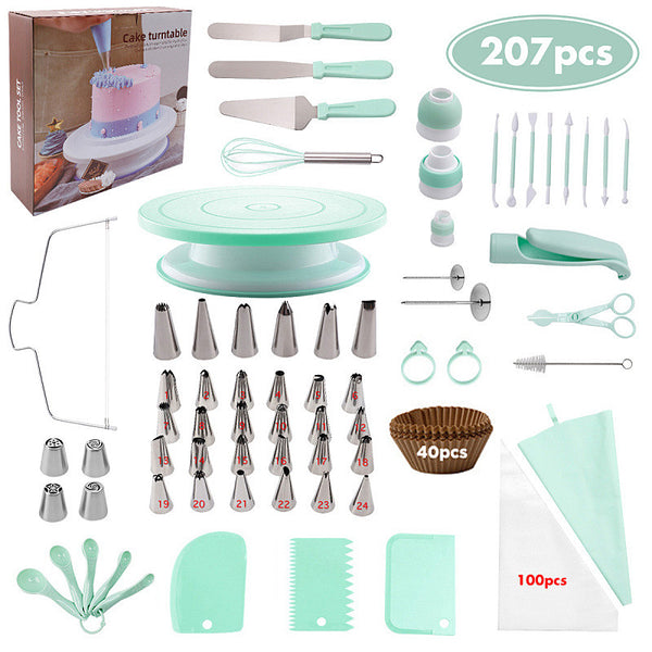 207 Pce Complete Cake Decorating Revolving Turntable Icing Tips Spatulas Kit Set Green