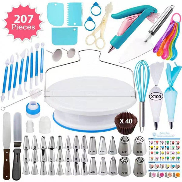 207 Pce Complete Cake Decorating Revolving Turntable Icing Tips Spatulas Kit Set Blue