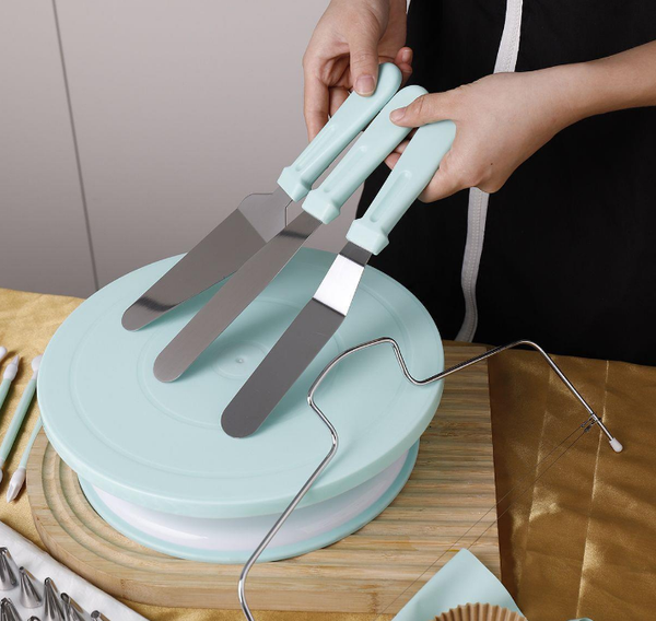 207 Pce Complete Cake Decorating Revolving Turntable Icing Tips Spatulas Kit Set Blue