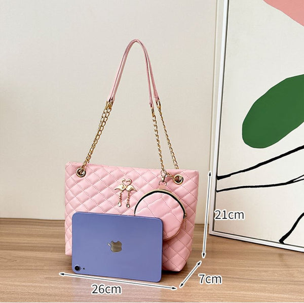 Faux PU Leather 4 Pce Quilted Tote Shoulder Crossbody Makeup Bag Set Pink