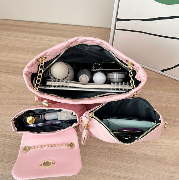 Faux PU Leather 4 Pce Quilted Tote Shoulder Crossbody Makeup Bag Set Pink