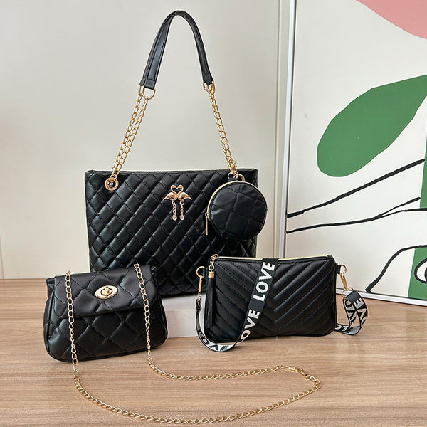 Faux PU Leather 4 Pce Quilted Tote Shoulder Crossbody Makeup Bag Set Black