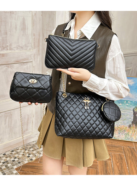 Faux PU Leather 4 Pce Quilted Tote Shoulder Crossbody Makeup Bag Set Black