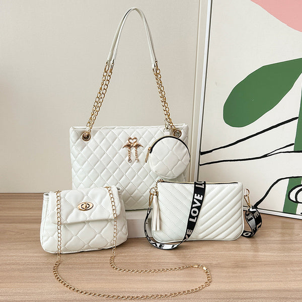 Faux PU Leather 4 Pce Quilted Tote Shoulder Crossbody Makeup Bag Set Off White