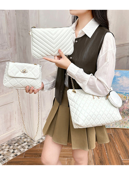 Faux PU Leather 4 Pce Quilted Tote Shoulder Crossbody Makeup Bag Set Off White