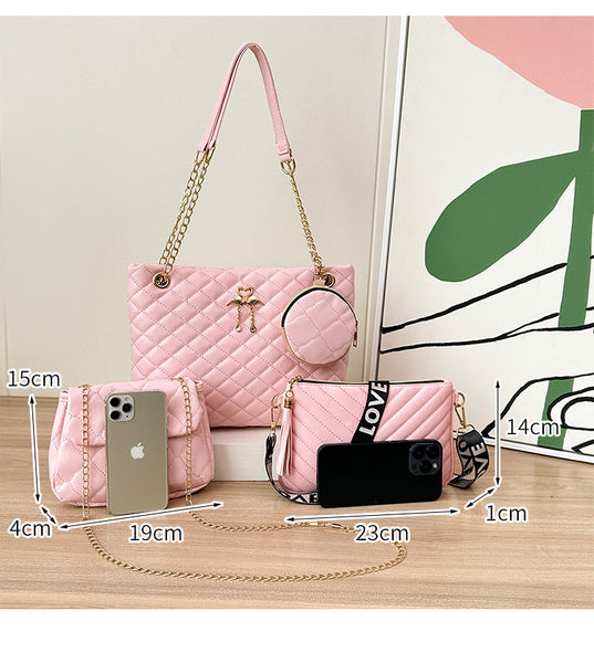 Faux PU Leather 4 Pce Quilted Tote Shoulder Crossbody Makeup Bag Set Off White