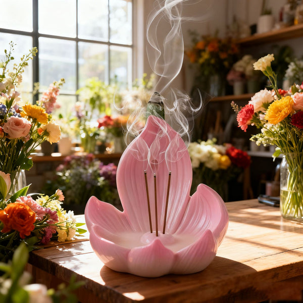 Zen Lotus Waterfall Backflow Incense Cone Diffuser Burner Resin 10cm Pink