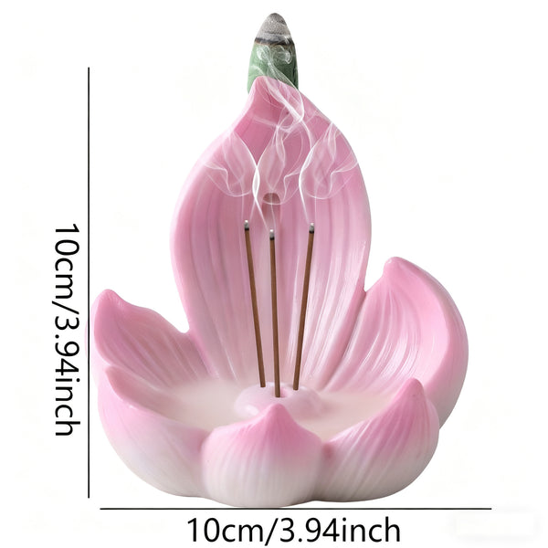 Zen Lotus Waterfall Backflow Incense Cone Diffuser Burner Resin 10cm Pink