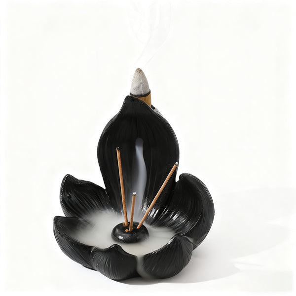 Zen Lotus Waterfall Backflow Incense Cone Diffuser Burner Resin 10cm Black