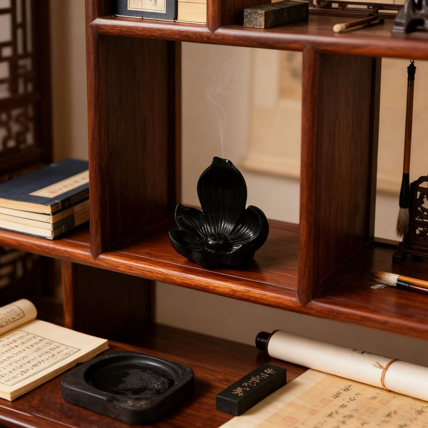 Zen Lotus Waterfall Backflow Incense Cone Diffuser Burner Resin 10cm Black