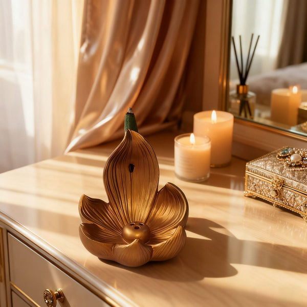 Zen Lotus Waterfall Backflow Incense Cone Diffuser Burner Resin 10cm Gold