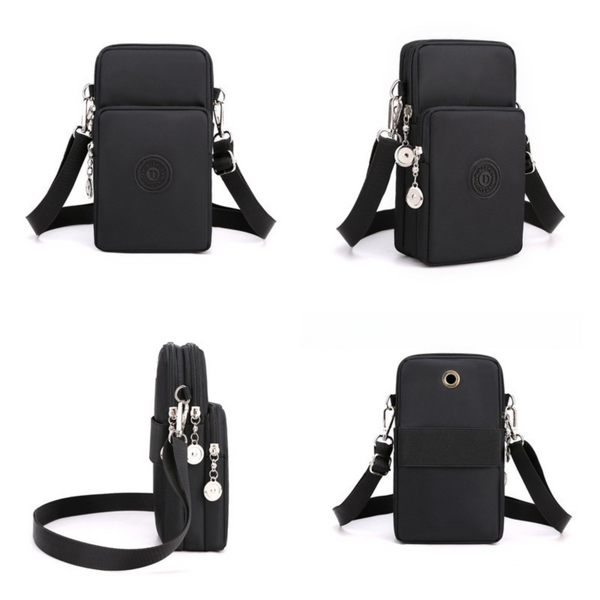 Waterproof Nylon Vertical Crossbody Phone Bag Purse Headphone Jack Feathers