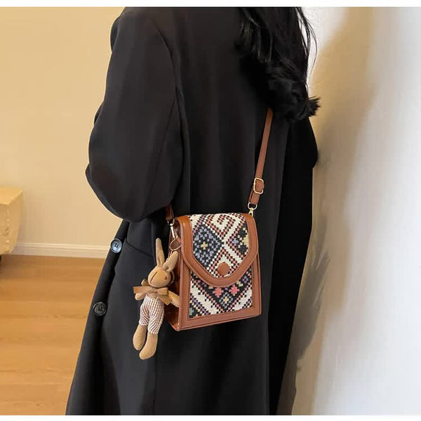 Faux PU Leather Fabric Crossbody Phone Purse Rabbit Charm Bag Handbag Black