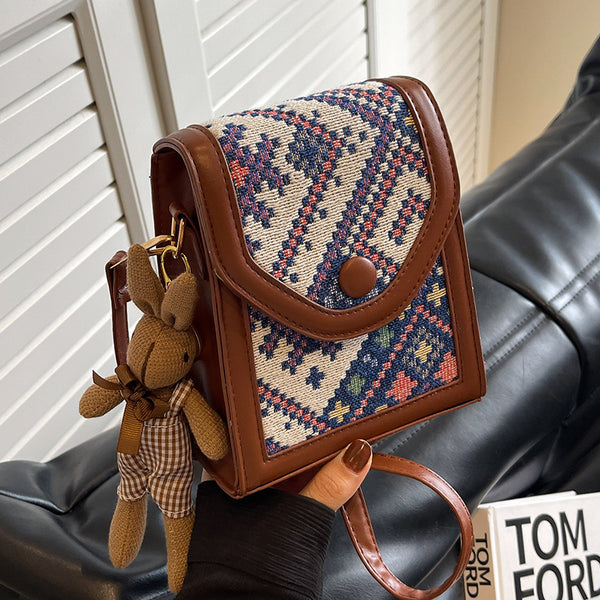 Faux PU Leather Fabric Crossbody Phone Purse Rabbit Charm Bag Handbag Blue