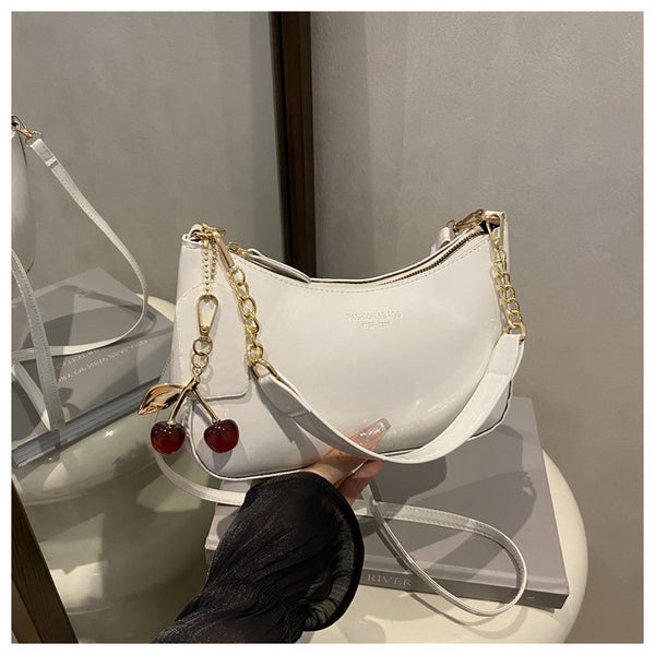 Faux PU Leather Underarm Crossbody Shoulder Bag Cherry Charm Glossy White