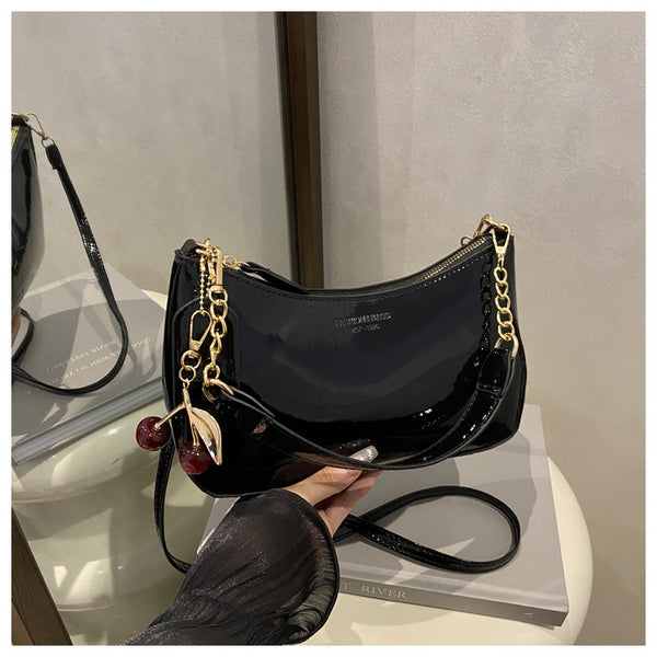 Faux PU Leather Underarm Crossbody Shoulder Bag Cherry Charm Glossy Black