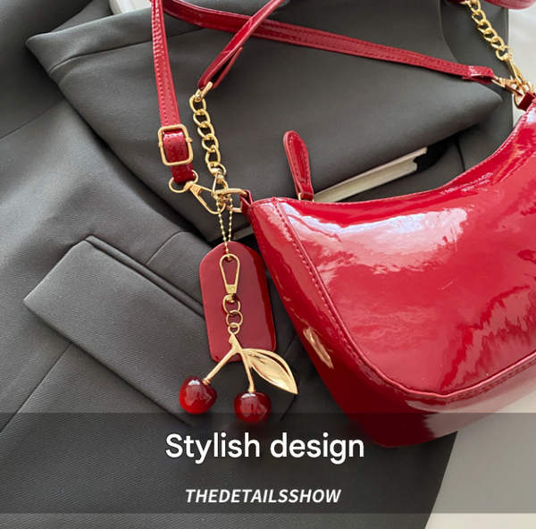 Faux PU Leather Underarm Crossbody Shoulder Bag Cherry Charm Glossy Black