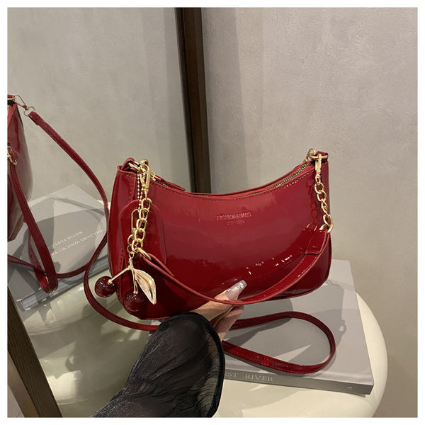 Faux PU Leather Underarm Crossbody Shoulder Bag Cherry Charm Glossy Red