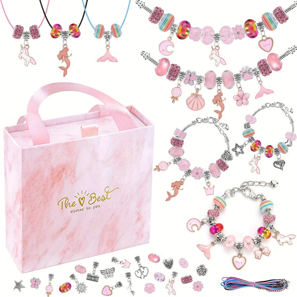 67 Pce Charm Jewellery Bracelet Making Kit Enamel Pendants Beads Pink