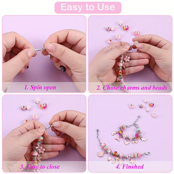 67 Pce Charm Jewellery Bracelet Making Kit Enamel Pendants Beads Pink