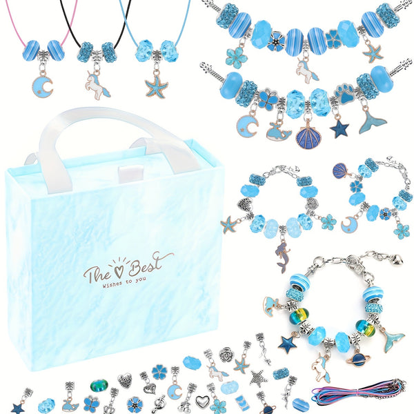 67 Pce Charm Jewellery Bracelet Making Kit Enamel Pendants Beads Blue