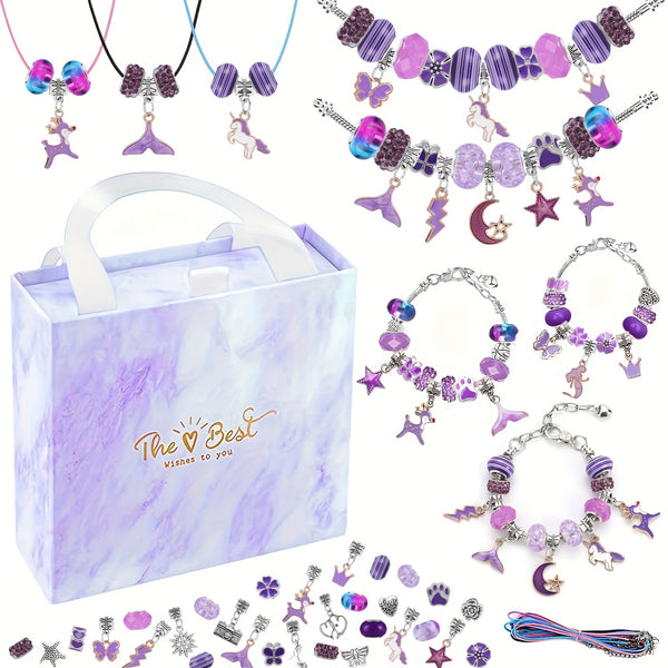 67 Pce Charm Jewellery Bracelet Making Kit Enamel Pendants Beads Purple