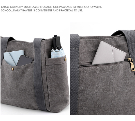 Canvas Tote Shoulder Womens Bag Handbag Bag Multi Pocket Black