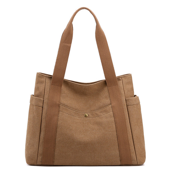 Canvas Tote Shoulder Womens Bag Handbag Bag Multi Pocket Coffee