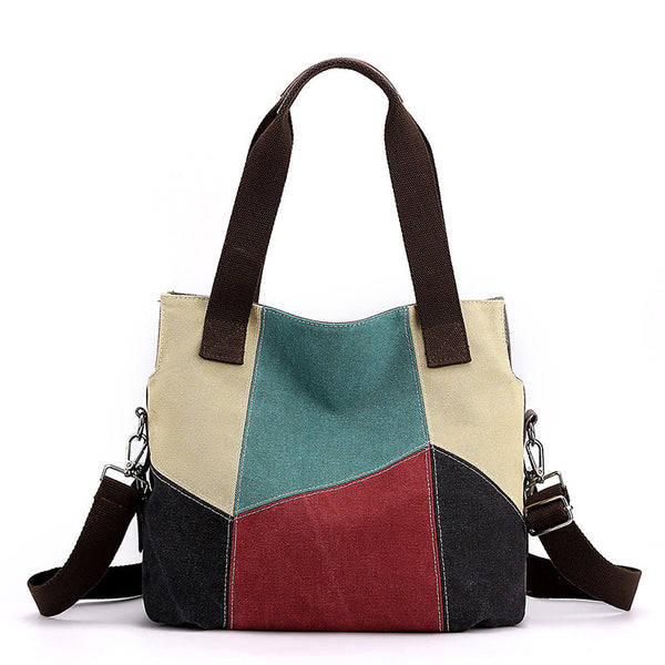 Patchwork Canvas Tote Shoulder Womens Bag Handbag Bag Multi Pocket